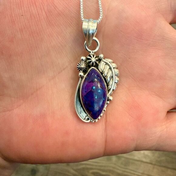 Southwestern Mojave Purple Turquoise Marquise Pendant Necklace Sterling Silver - Picture 1 of 4